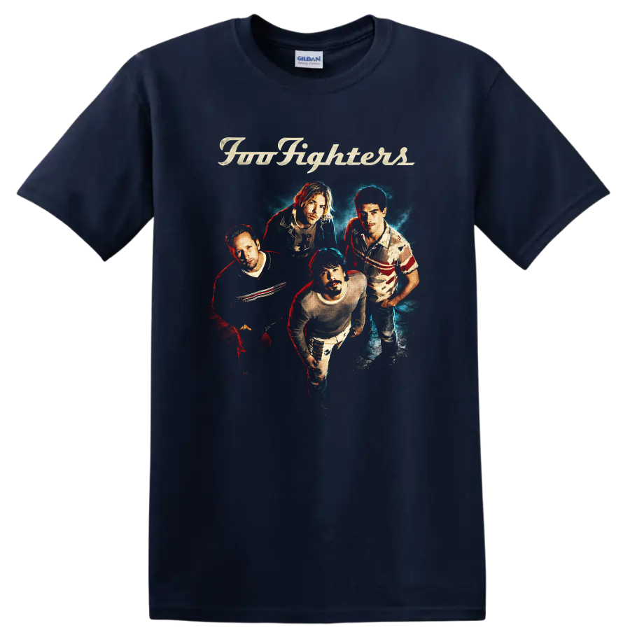 Foo Fighters four-member portrait with cream script and red-blue concert lighting on a Navy (Blue) T Shirt