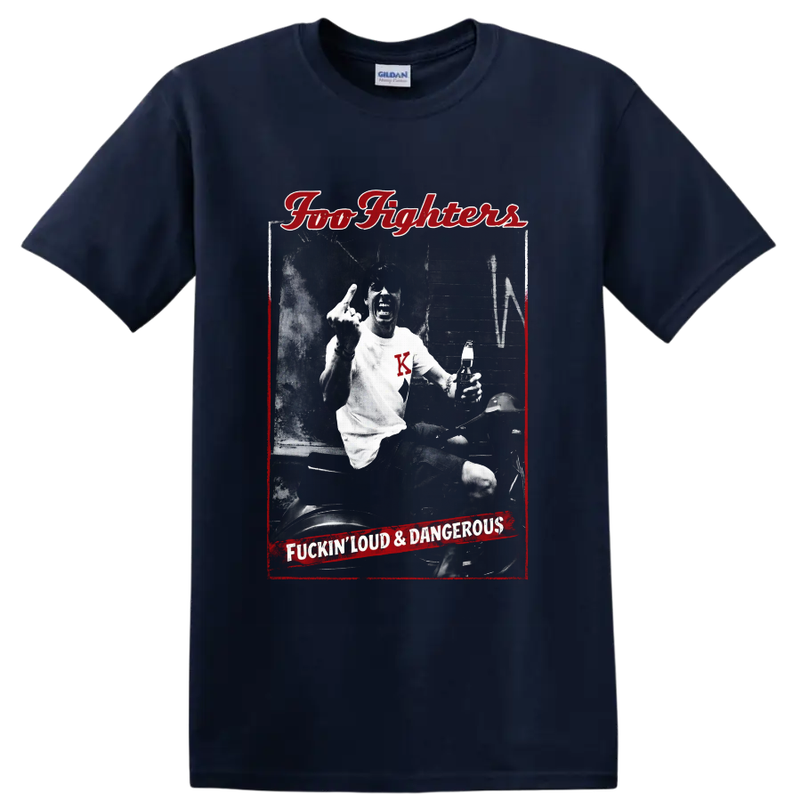 Dave Grohl scooter rider in distressed Foo Fighters red and black rock poster art on a Navy (Blue) T Shirt