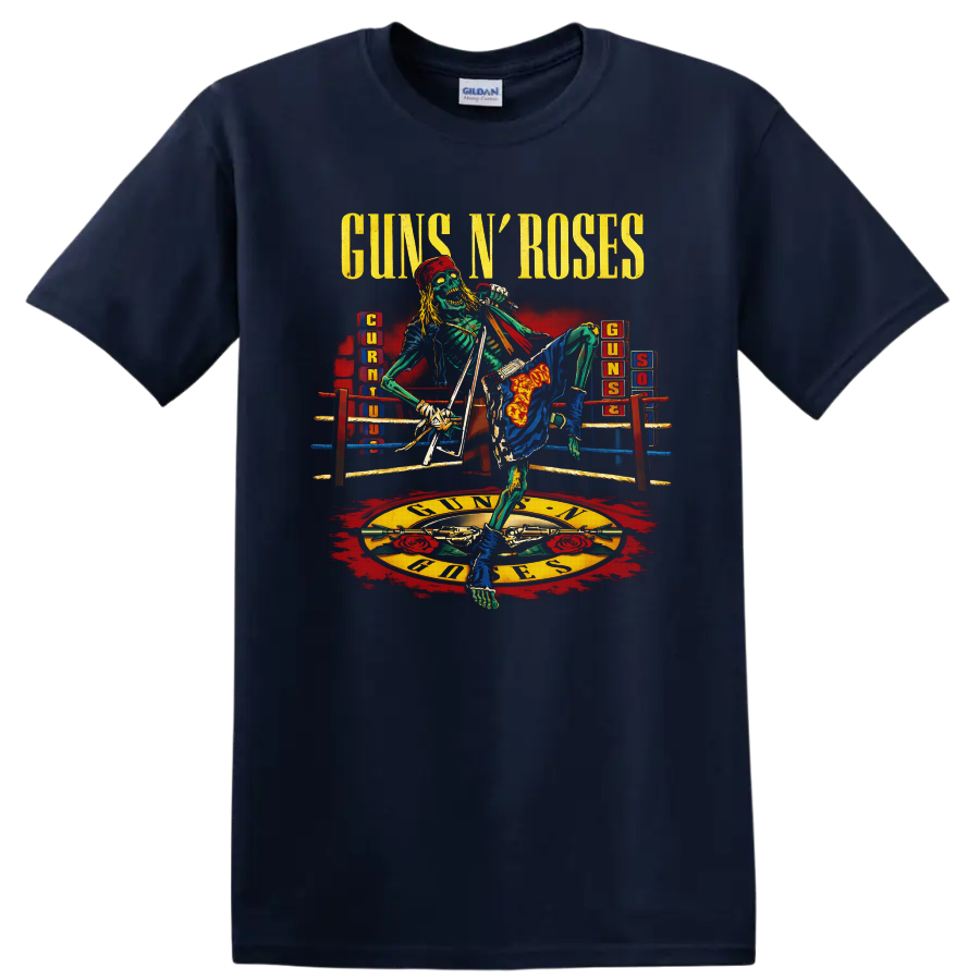 Guns N' Roses skeleton singer in a boxing ring with roses and crossed pistols on a Navy (Blue) T Shirt