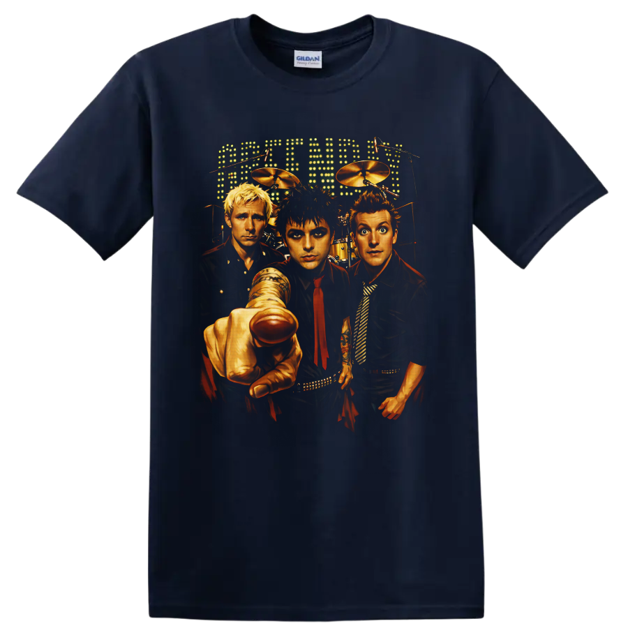 Green Day trio stage portrait with drums, microphones, and glowing marquee lights on a Navy (Blue) T Shirt