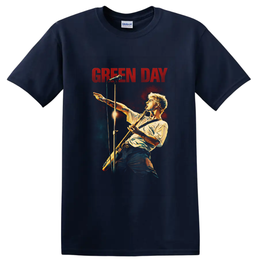 Billie Joe Armstrong concert illustration with guitar, microphone, and GREEN DAY text on a Navy (Blue) T Shirt