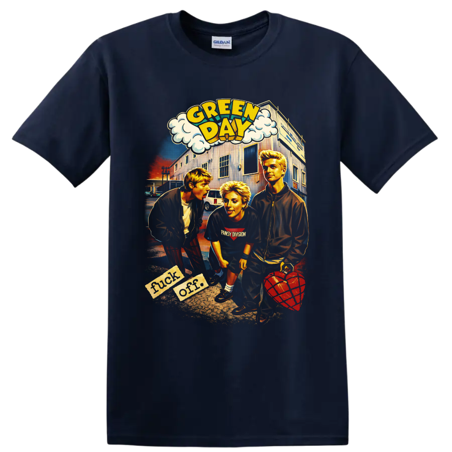 Green Day American Idiot comic street scene with three figures and heart grenade on a Navy (Blue) T Shirt