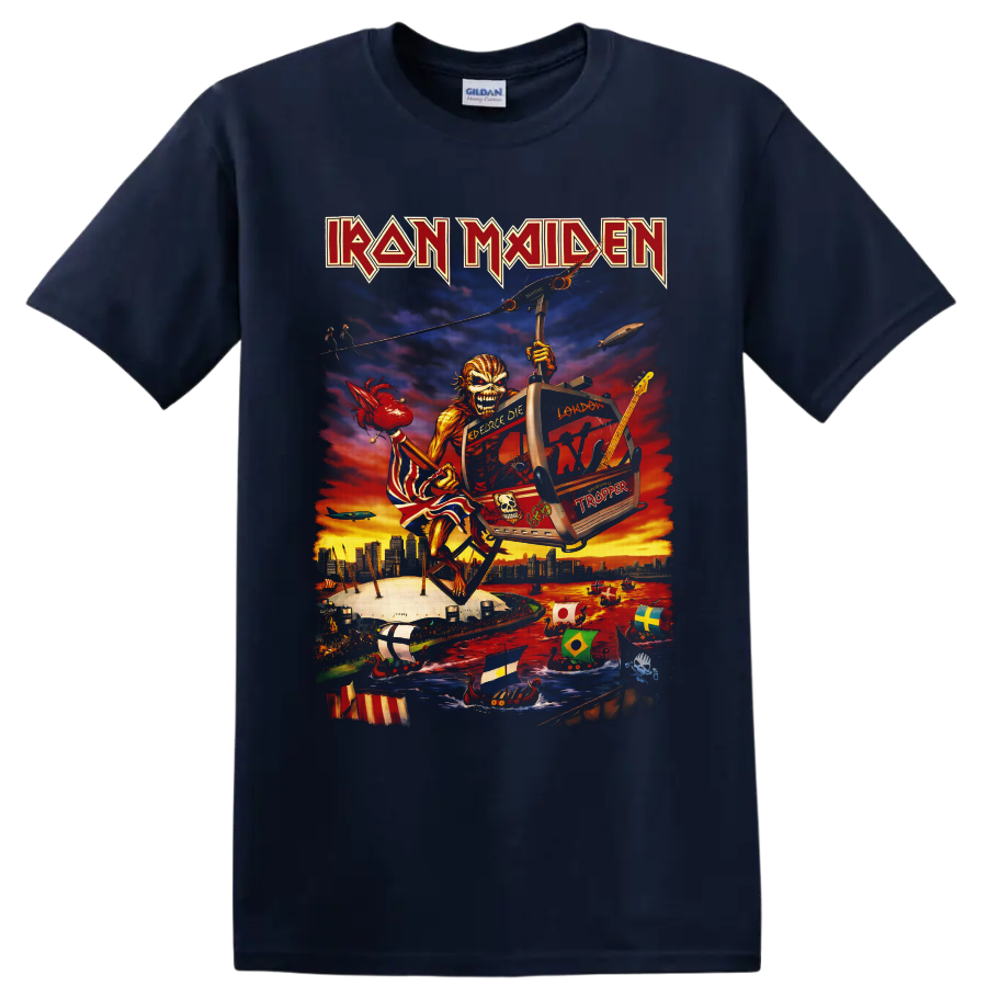 Iron Maiden Eddie airship illustration over London with guitar, longships, and sunset on a Navy (Blue) T Shirt