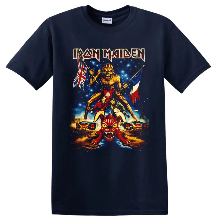 Iron Maiden Eddie Book of Souls tour art with British and French flags and Paris skyline on a Navy (Blue) T Shirt