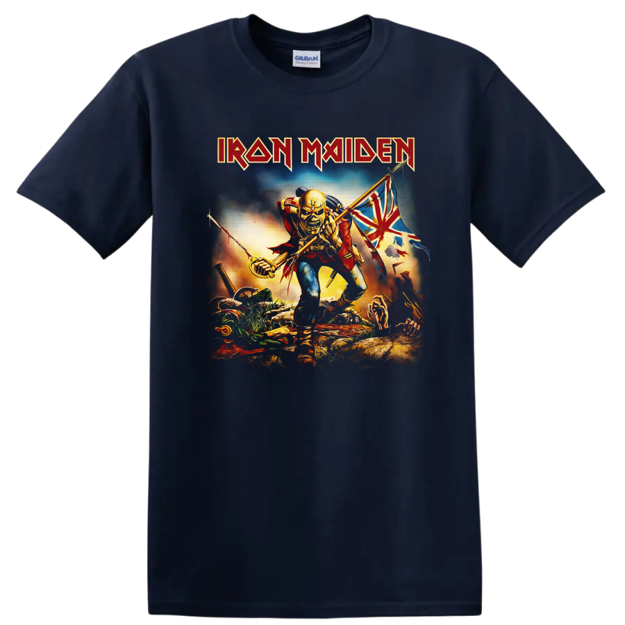 Iron Maiden The Trooper Eddie skeletal soldier with saber and tattered battle flag on a Navy (Blue) T Shirt