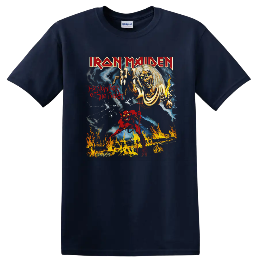 Iron Maiden The Number of the Beast Eddie horror art with lightning and flames on a Navy (Blue) T Shirt