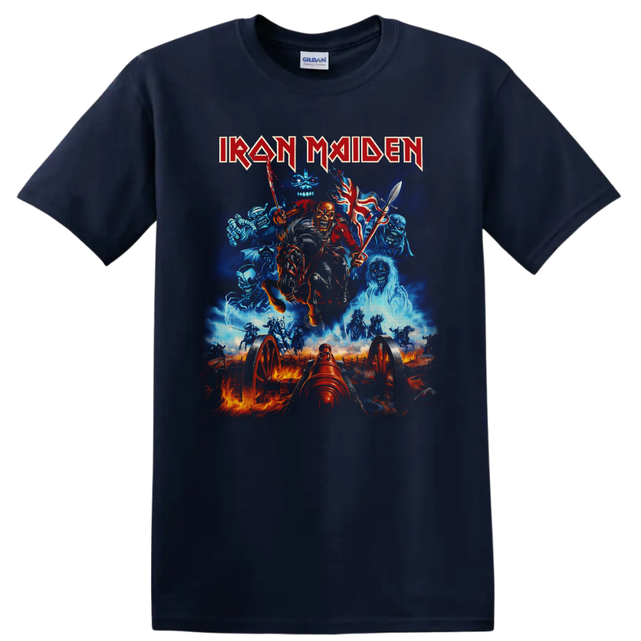 Iron Maiden Eddie skeletal cavalry rider with cannon and ghostly battlefield artwork on a Navy (Blue) T Shirt