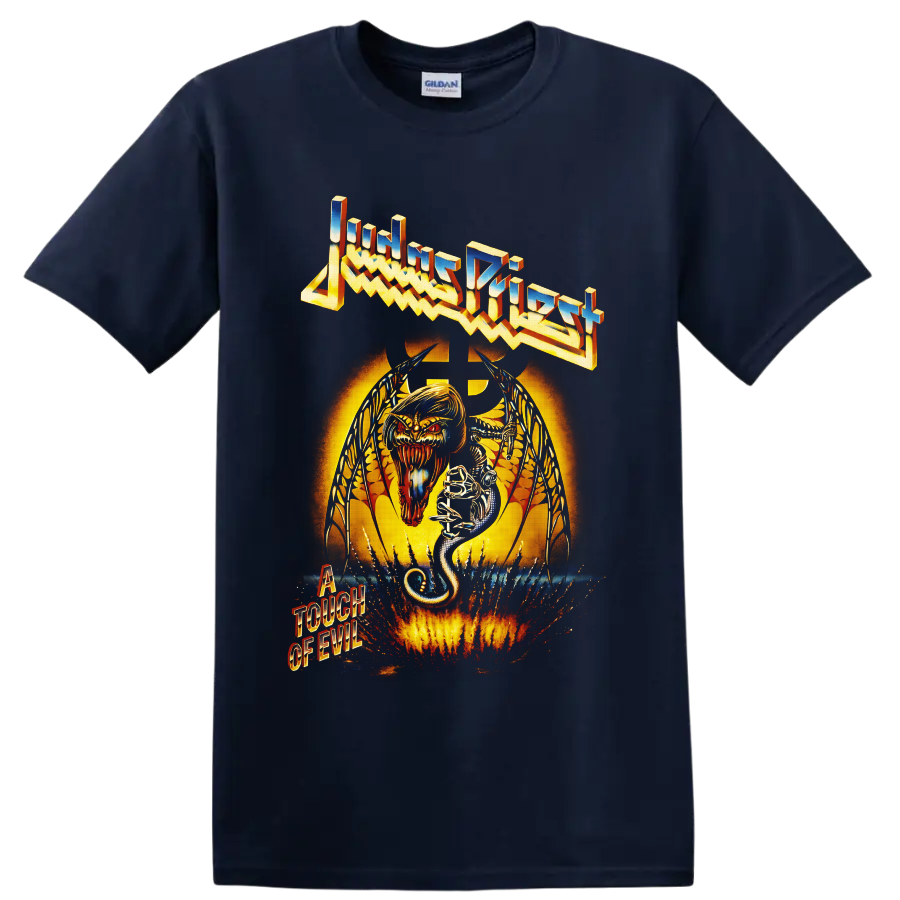 Judas Priest A Touch of Evil demon and snake heavy metal artwork on a Navy (Blue) T Shirt