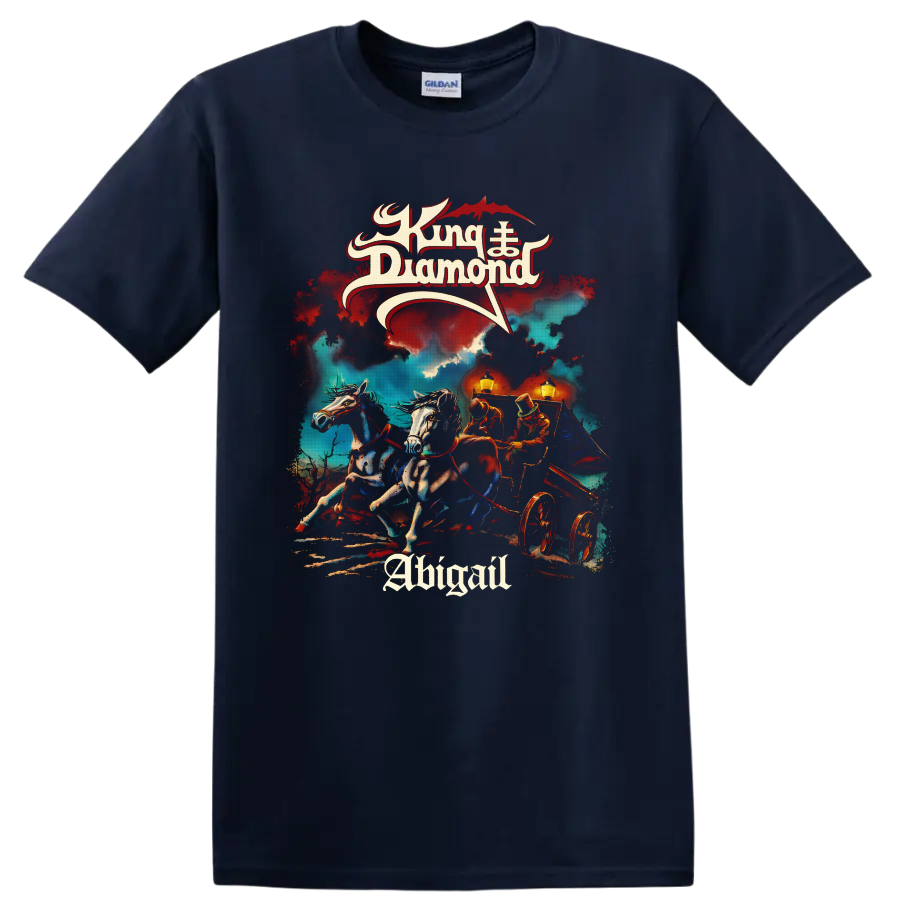 King Diamond Abigail gothic horse-drawn carriage artwork with storm clouds and lanterns on a Navy (Blue) T Shirt