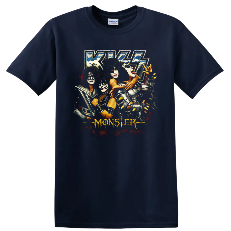 KISS Monster album artwork with four face-painted performers and fiery red smoke on a Navy (Blue) T Shirt