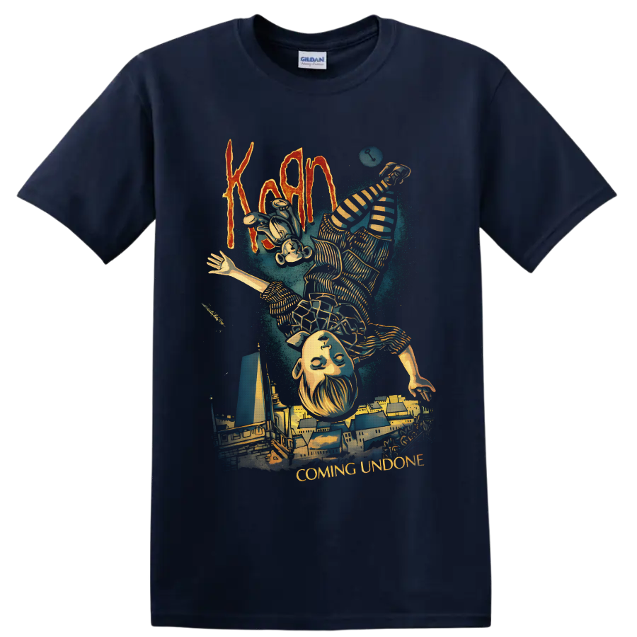 Korn Coming Undone art with upside-down striped figure and surreal cityscape on a Navy (Blue) T Shirt