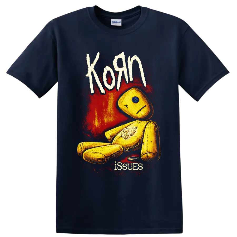 Korn Issues yellow stitched doll with blue button eye and red distressed artwork on a Navy (Blue) T Shirt