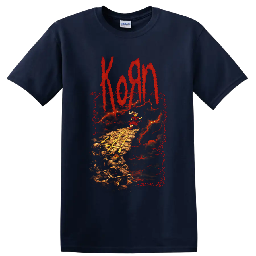 Korn Follow the Leader art with child, skeleton path, red lightning and distressed logo on a Navy (Blue) T Shirt