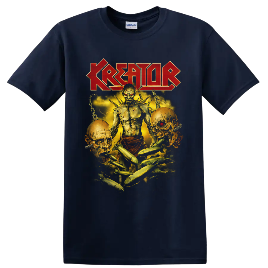 Kreator logo above undead warrior, skulls, chains, smoke, and bomb horror artwork on a Navy (Blue) T Shirt