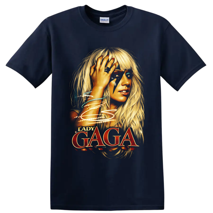 Lady Gaga portrait with lightning makeup, glowing light trails, and bold red lettering on a Navy (Blue) T Shirt