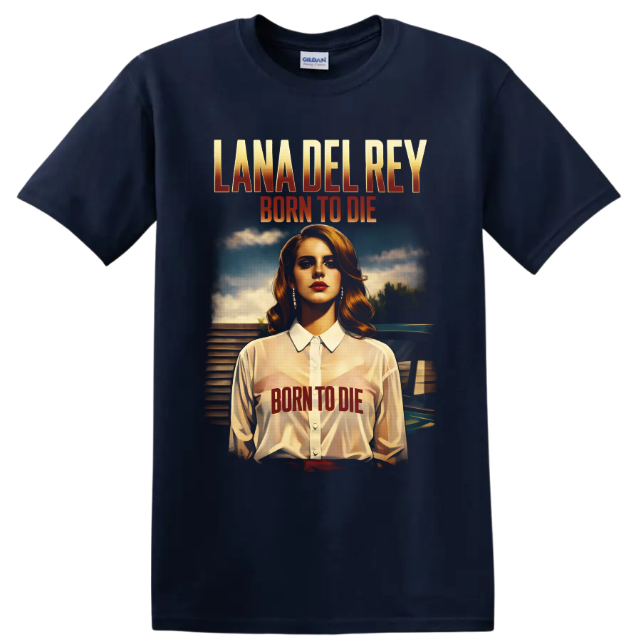 Lana Del Rey Born to Die retro portrait with distressed album lettering and vintage car on a Navy (Blue) T Shirt