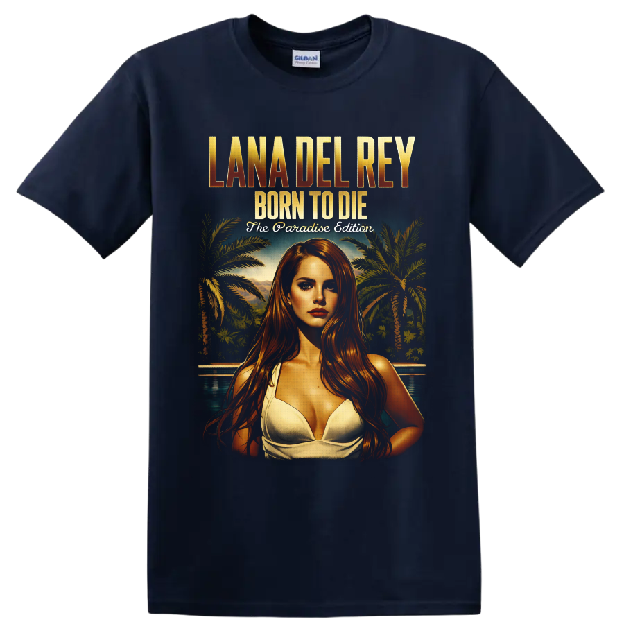 Lana Del Rey Born to Die Paradise Edition tropical portrait with palm trees and pool on a Navy (Blue) T Shirt