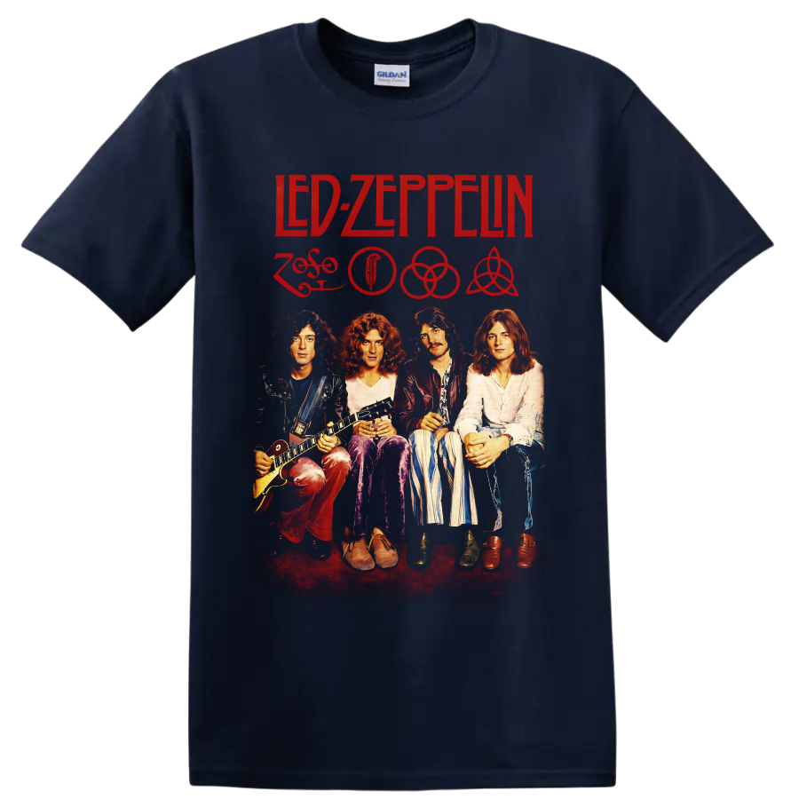 Led Zeppelin four-member portrait with red logo, symbols, and vintage rock poster style on a Navy (Blue) T Shirt