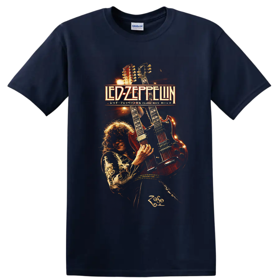 Jimmy Page with double-neck guitar in fiery Led Zeppelin concert poster art on a Navy (Blue) T Shirt