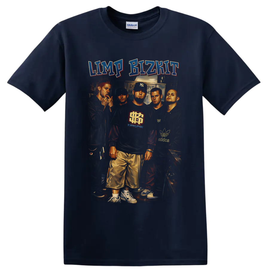 Limp Bizkit illustrated group portrait with bold collegiate-style logo lettering on a Navy (Blue) T Shirt