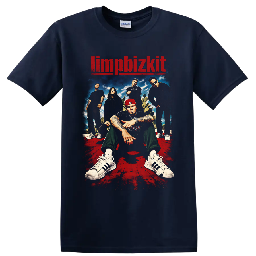 Limp Bizkit band portrait with Fred Durst, distressed red logo, cacti, and poster art on a Navy (Blue) T Shirt