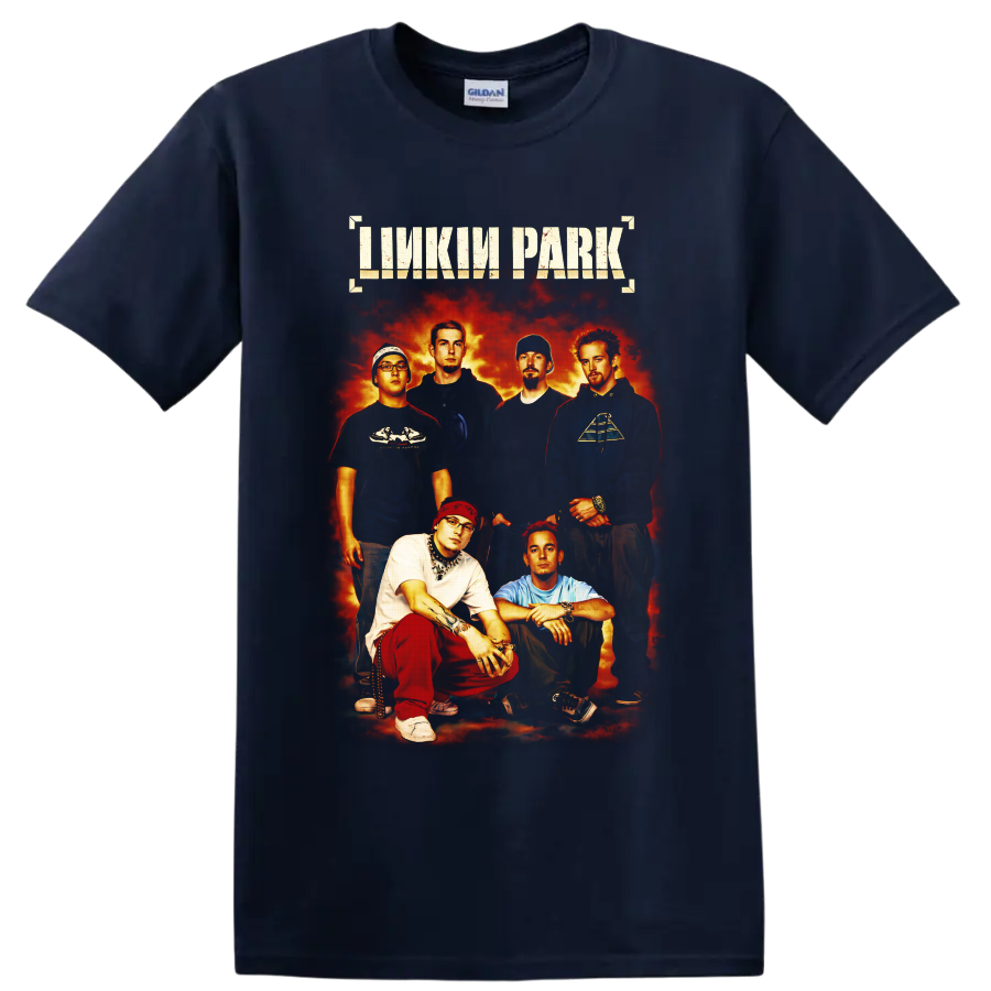 Linkin Park six-member portrait with distressed lettering and fiery rock poster backdrop on a Navy (Blue) T Shirt
