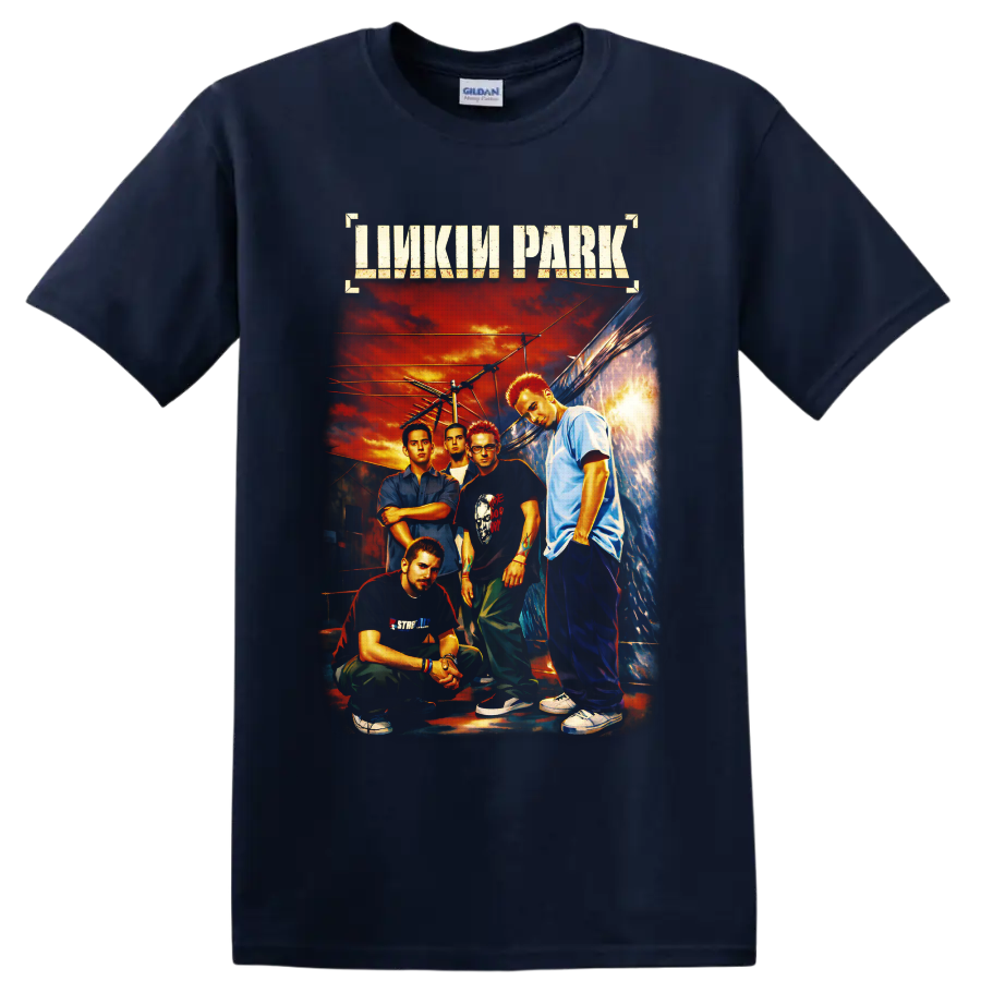 Linkin Park band portrait with distressed logo, urban alley, power lines, and fiery sunset on a Navy (Blue) T Shirt