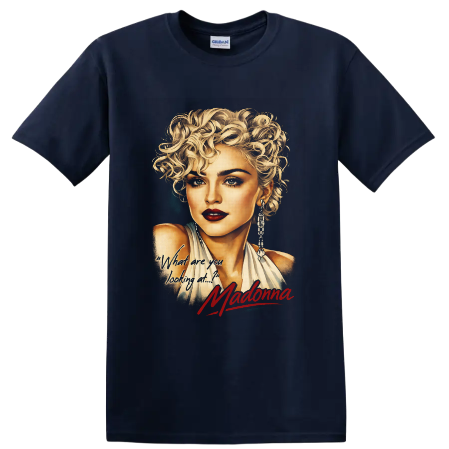 Madonna blonde glamour portrait with red signature and handwritten phrase on a Navy (Blue) T Shirt