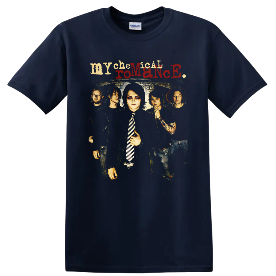 My Chemical Romance five-member gothic band portrait with distressed lettering on a Navy (Blue) T Shirt