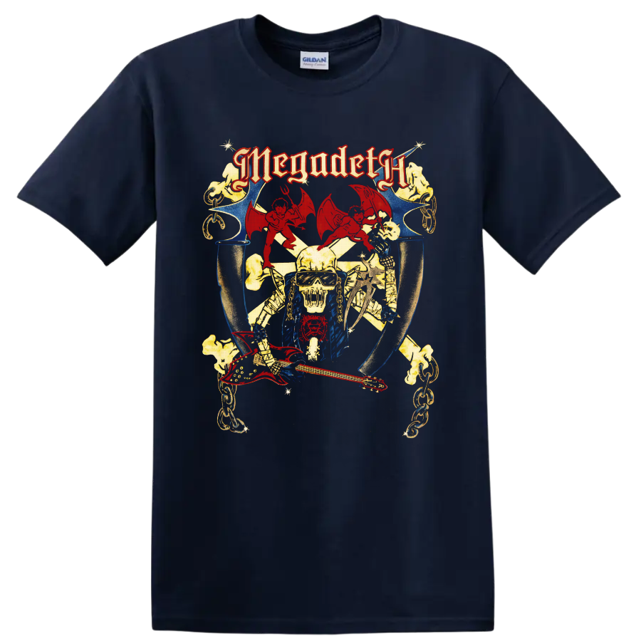 Megadeth Vic Rattlehead vintage metal art with red guitar, chains, demons, and skull on a Navy (Blue) T Shirt