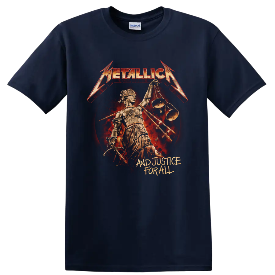 Metallica And Justice for All Lady Justice scales distressed album artwork on a Navy (Blue) T Shirt