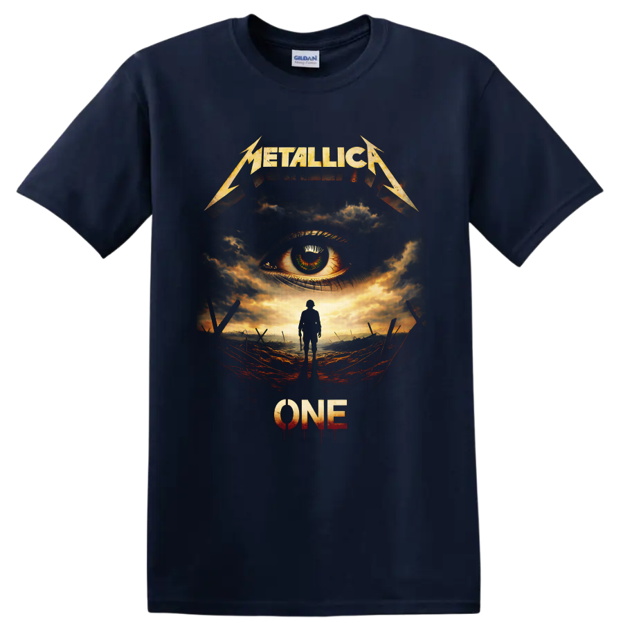 Metallica One distressed graphic with soldier, watchful eye, storm clouds, and battlefield on a Navy (Blue) T Shirt