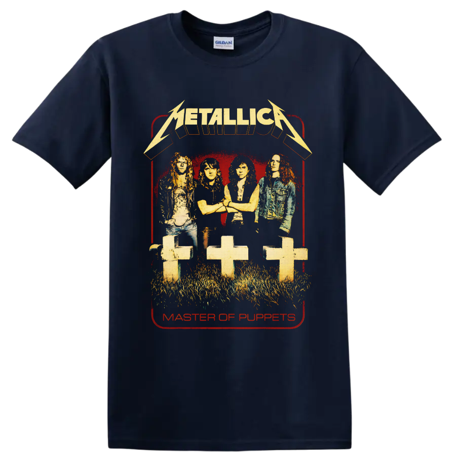 Metallica Master of Puppets band portrait with graveyard crosses and distressed logo on a Navy (Blue) T Shirt