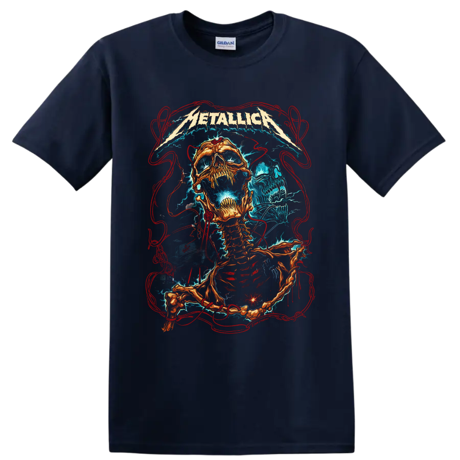 Metallica logo above fiery skeleton and blue skull lightning heavy metal artwork on a Navy (Blue) T Shirt