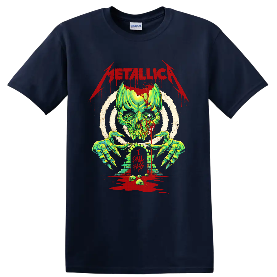 Metallica Creeping Death horror skull and claw graphic with I Shall Pass text on a Navy (Blue) T Shirt