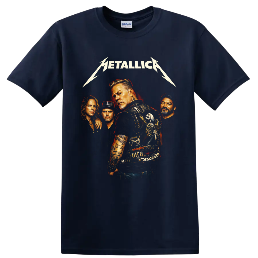Metallica four-member portrait with lightning logo and vintage heavy metal poster art on a Navy (Blue) T Shirt