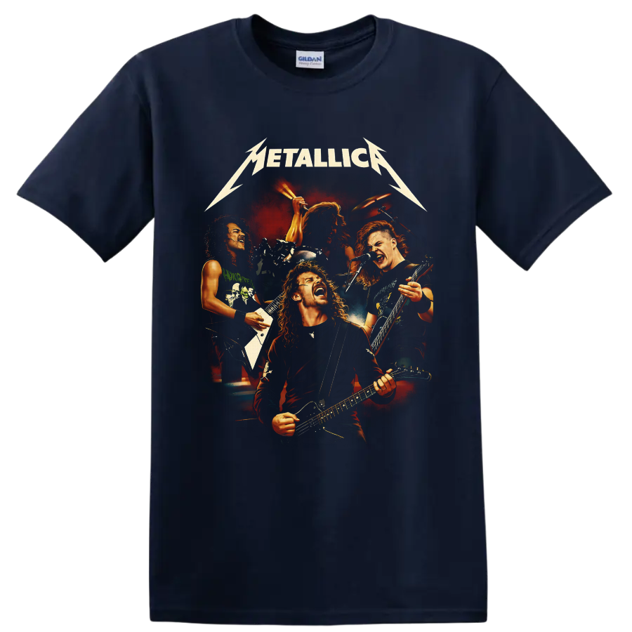 Metallica live concert collage with four musicians, guitars, drums, and fiery stage lights on a Navy (Blue) T Shirt