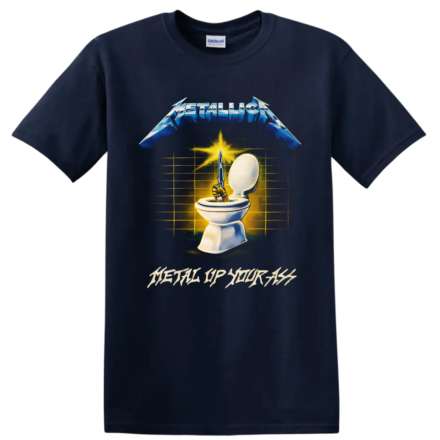 Metallica Metal Up Your Ass sword and toilet artwork with blue logo and gold burst on a Navy (Blue) T Shirt