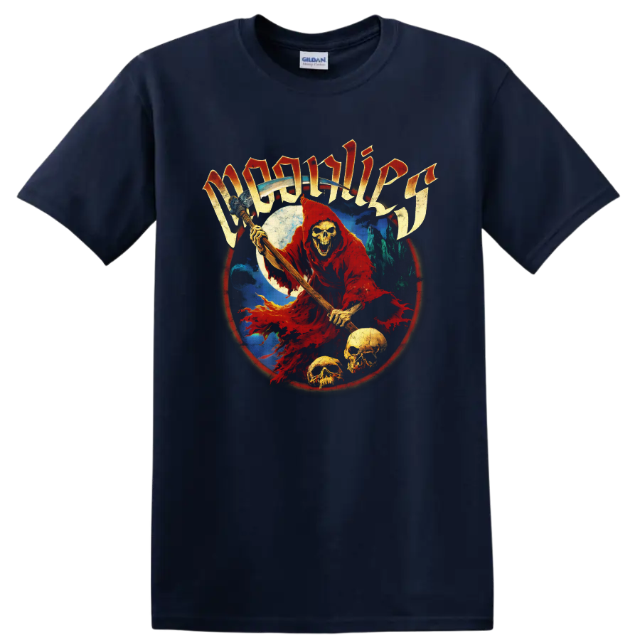 Moonlies red hooded skeletal reaper with skulls, moon, and gothic lettering on a Navy (Blue) T Shirt