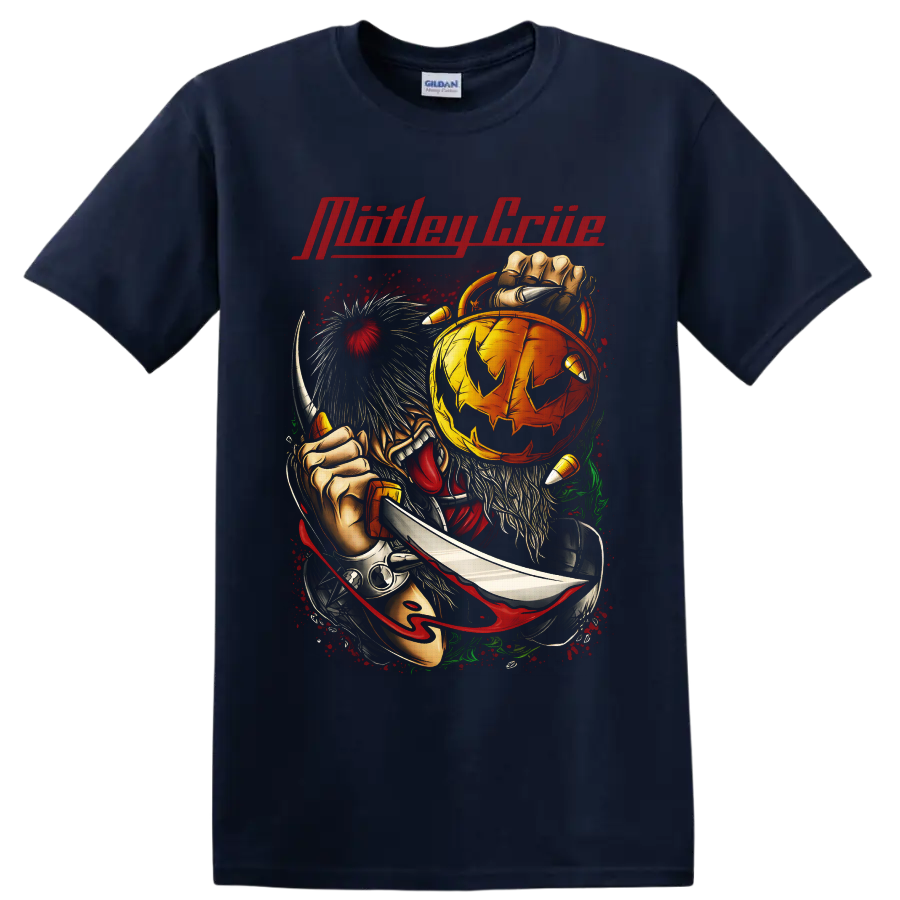 Mötley Crüe horror pumpkin with clawed figure, knife, and red splatter art on a Navy (Blue) T Shirt