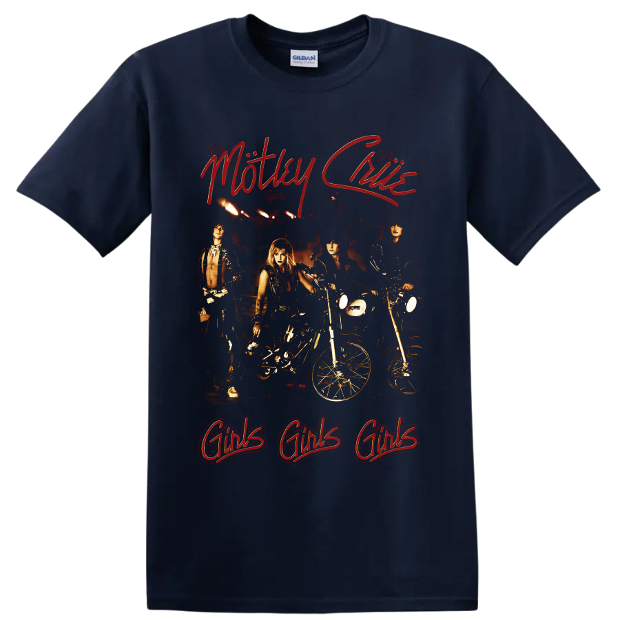 Mötley Crüe Girls Girls Girls biker graphic with motorcycles and red script on a Navy (Blue) T Shirt