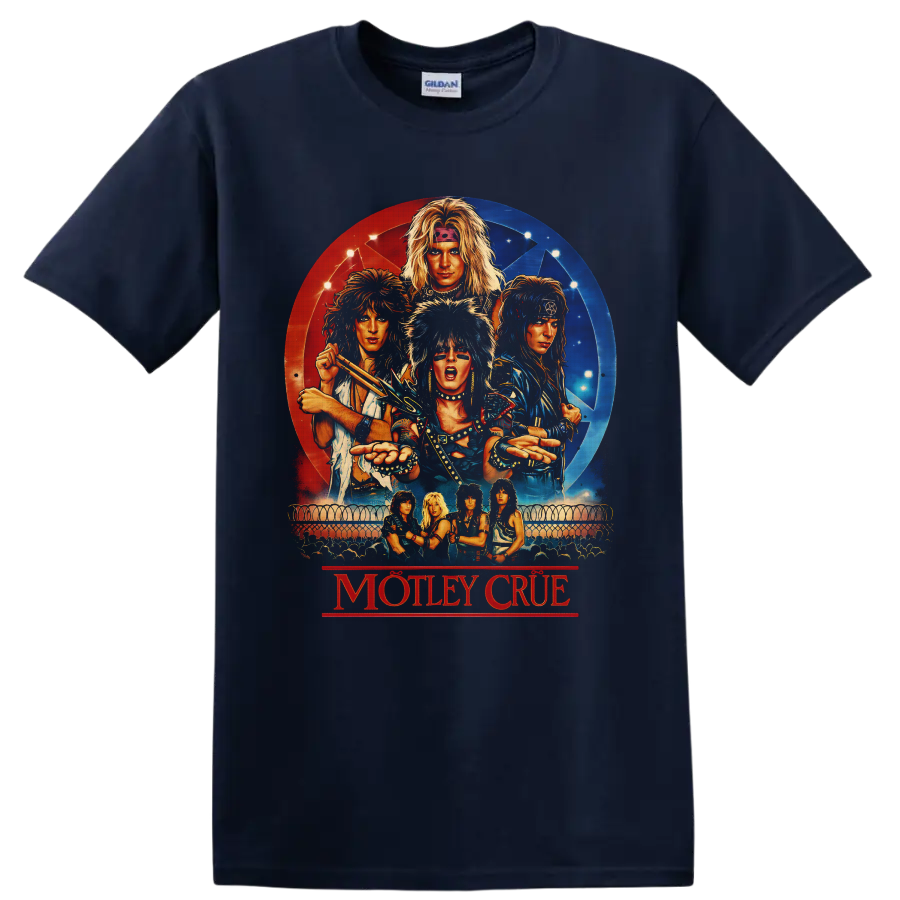 Mötley Crüe illustrated glam metal band portraits with red and blue concert poster on a Navy (Blue) T Shirt
