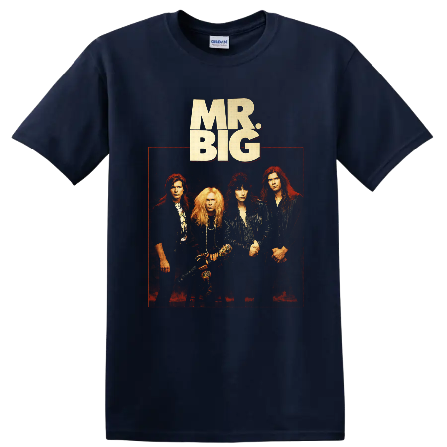 Mr. Big four-member hard rock portrait with cream logo and red concert-poster frame on a Navy (Blue) T Shirt