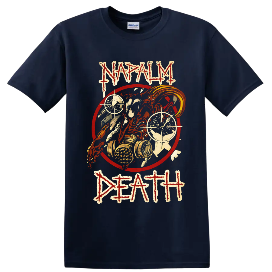 Napalm Death Life? distressed gas mask skull and crosshair death metal graphic on a Navy (Blue) T Shirt