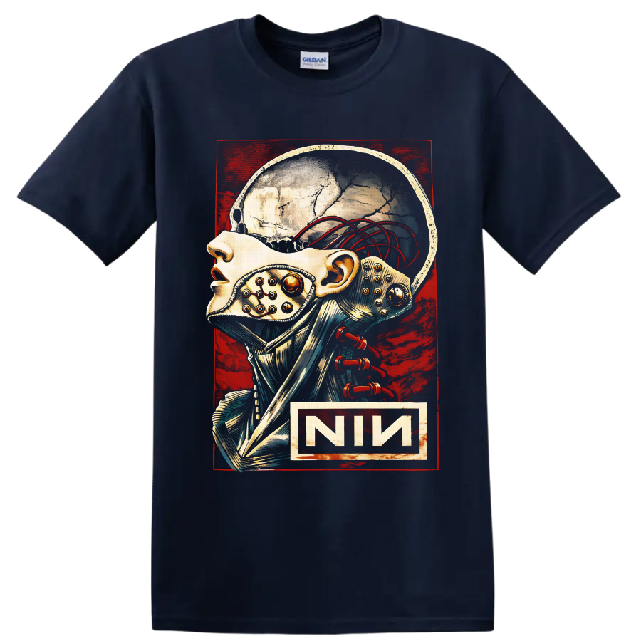 Nine Inch Nails cybernetic skull illustration with red wires and distressed industrial on a Navy (Blue) T Shirt