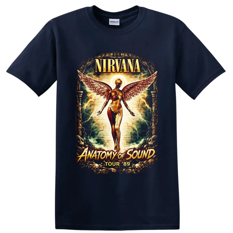 Nirvana Anatomy of Sound Tour 89 angel wings gothic concert-poster design on a Navy (Blue) T Shirt
