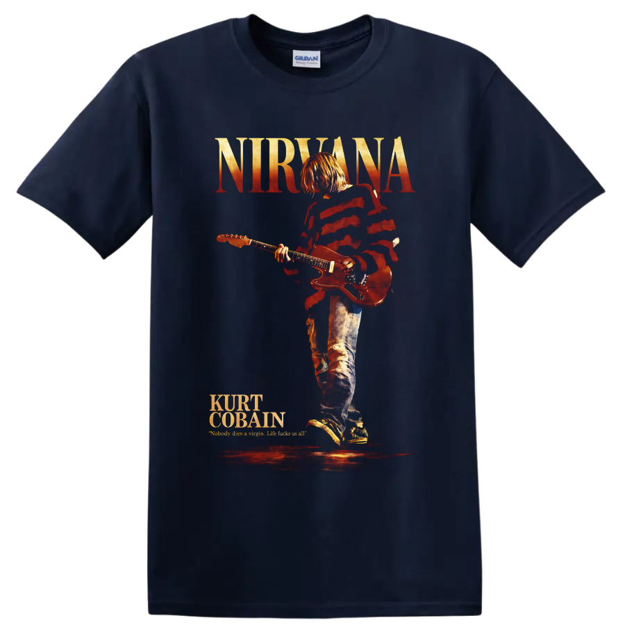 Kurt Cobain playing guitar beneath Nirvana text in distressed red concert poster style on a Navy (Blue) T Shirt