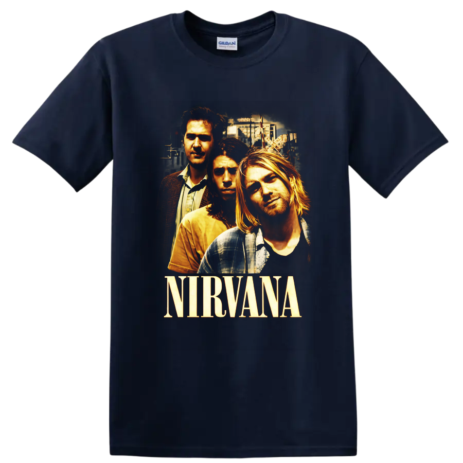 Nirvana portrait graphic with Kurt Cobain, Dave Grohl, Krist Novoselic, and band lettering on a Navy (Blue) T Shirt