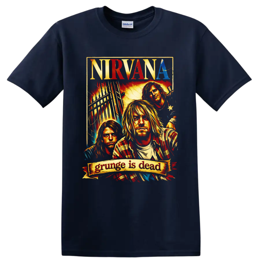 Nirvana grunge poster portrait of Kurt Cobain, Dave Grohl, and Krist Novoselic on a Navy (Blue) T Shirt