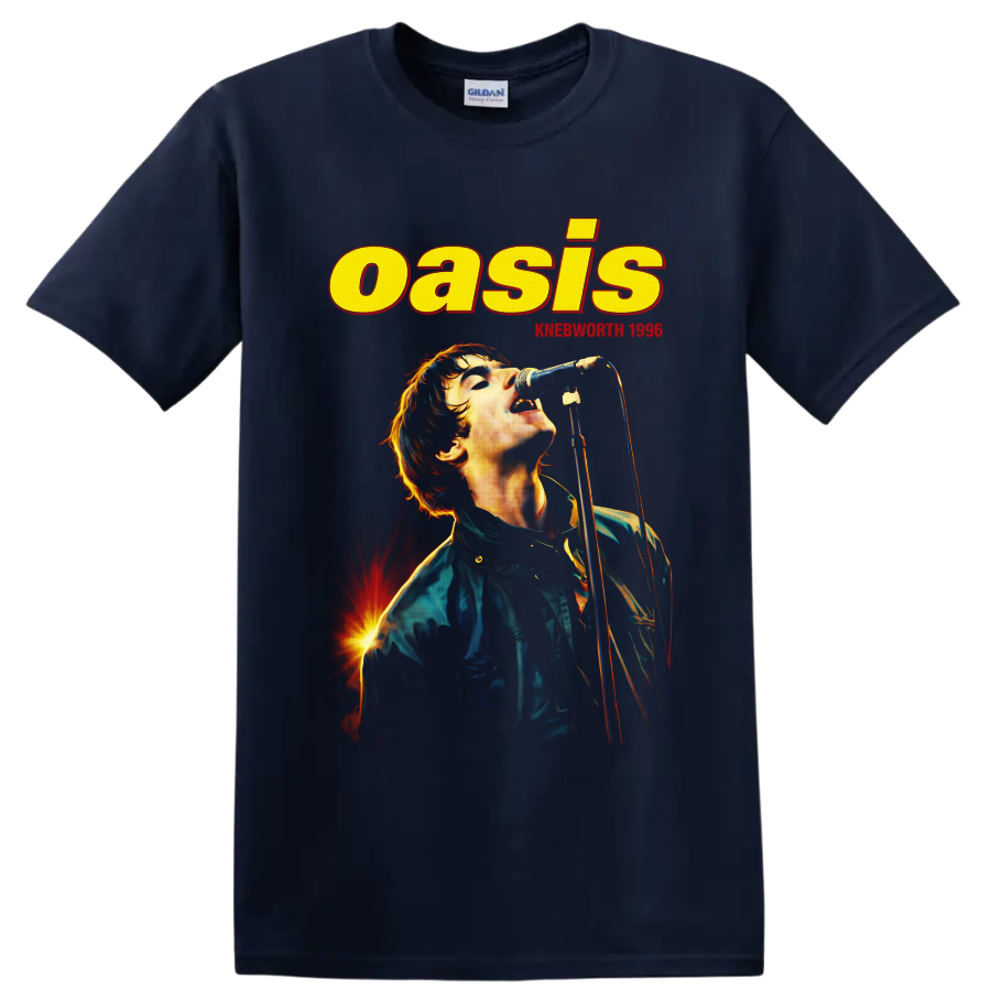 Liam Gallagher singing in Oasis Knebworth 1996 vintage concert poster design on a Navy (Blue) T Shirt